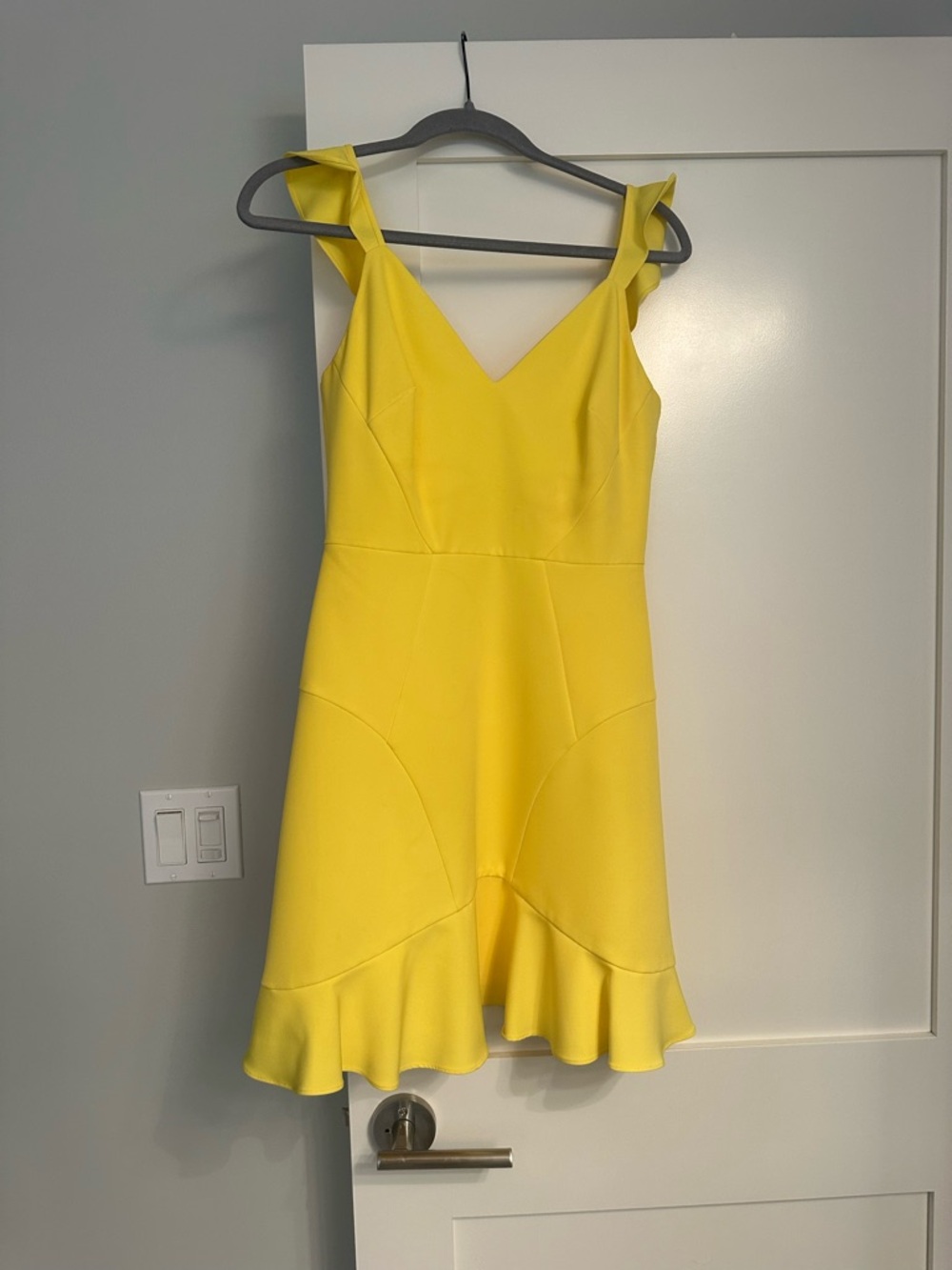 Aidan Mattox Sunny Yellow V-Neck Ruffle Hem Mini Dress